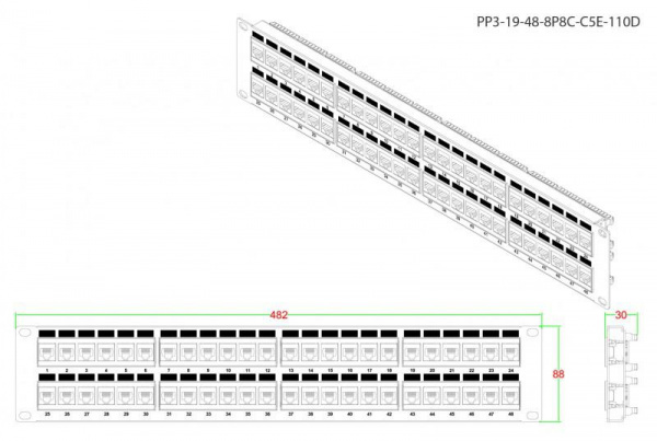 Патч-панель PP3-19-48-8P8C-C5E-110D 19дюйм. 2U 48 порт. RJ45 кат. 5e Dual IDC ROHS черн. Hyperline 246100